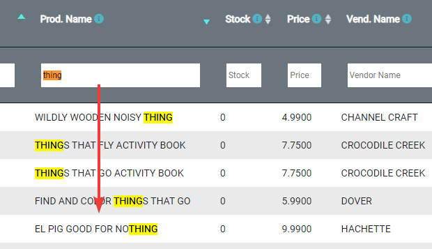 column filtering searching